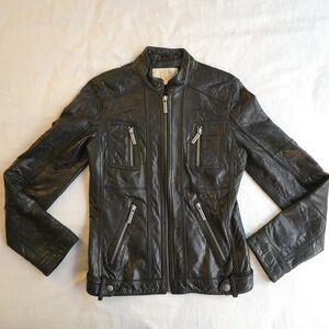 MICHAEL Michael Kors Textured Black Leather Moto Jacket Silver Zipper Accent